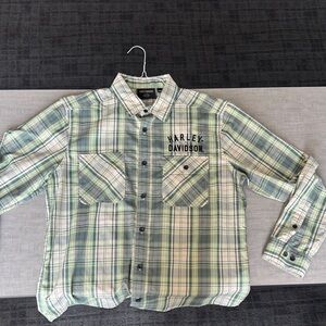 Harley-Davidson Green White Plaid Button-Down Shirt